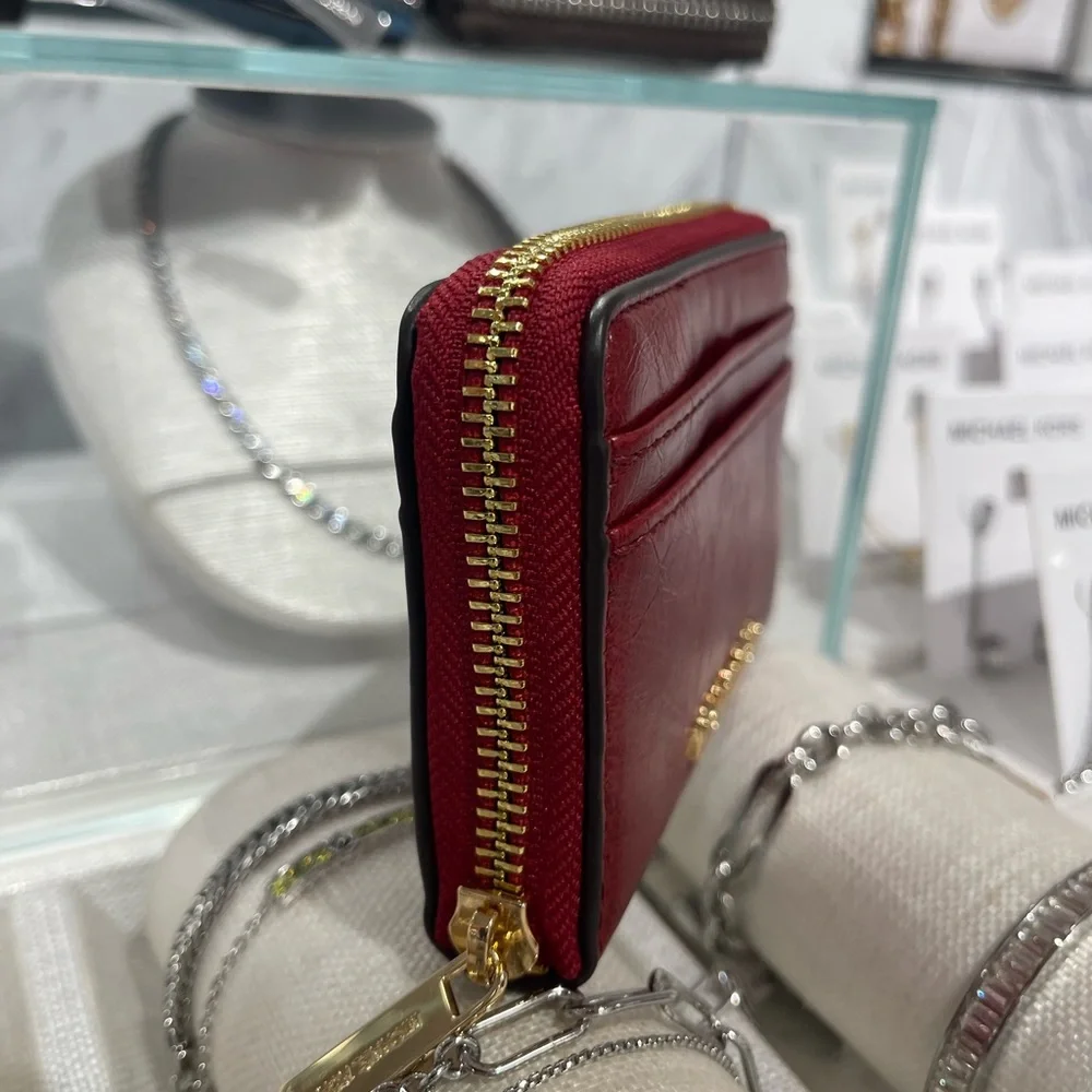 MICHAEL KORS Jet Set Medium Distressed Zip Around Card Case Cherry NWT